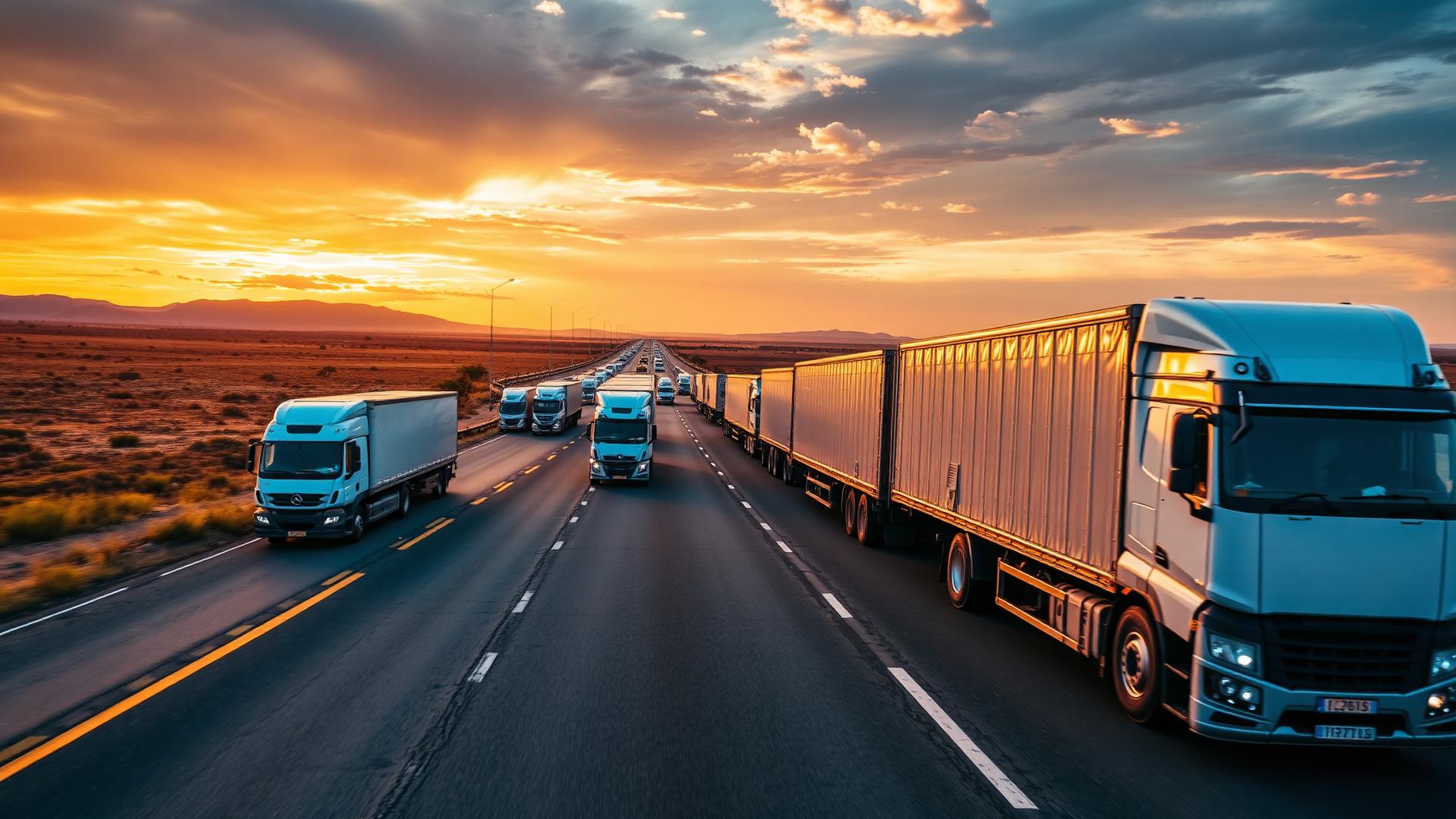 Fleet of cargo trucks on an East African highway at sunset
